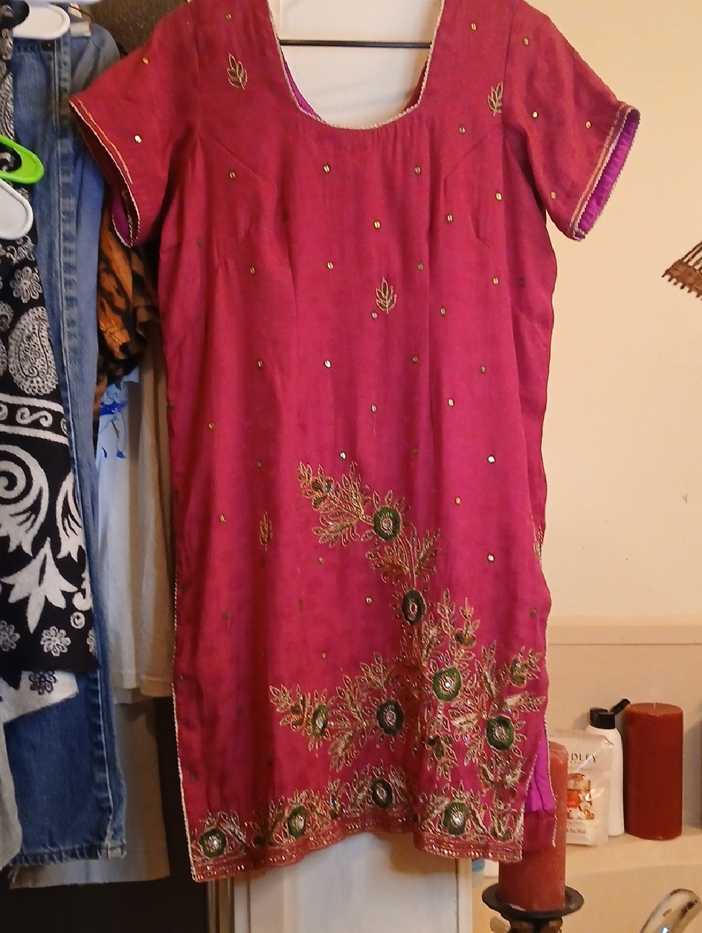 Pakistani-Magenta Embroidered Mini Dress/Tunic with Gold Accents,sz.L-XL